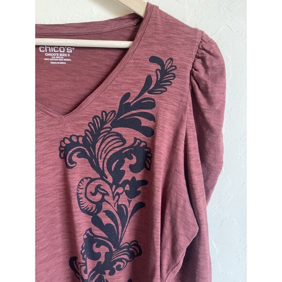 Chico's Scroll Print 3/4 Sleeve Romantic Maroon Red Tee Puff Sleeve Modal Cotton - Picture 5 of 6